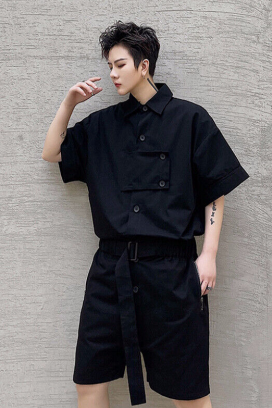 Casual Japanese Style Overall Short Sleeves Cropped Pants Summer Jumpsuit